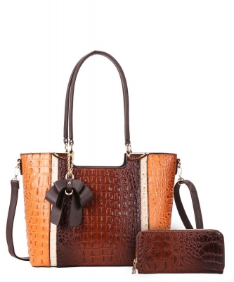 2 in 1 Ribbon Accent Alligator Satchel Wallet Set CY-8632W COFFEE